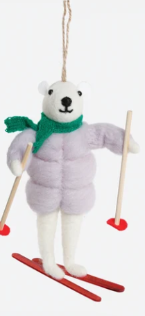 Skiing Polar Bear Wool Ornament