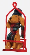 Dog on Ski Lift Wool Ornament