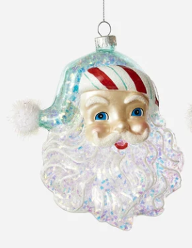 Candy Stripe Santa Head Glass Ornament