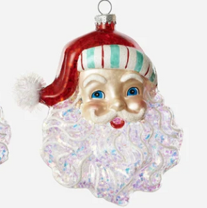 Candy Stripe Santa Head Glass Ornament