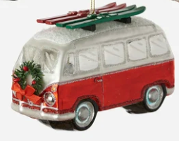 Bug and Bus with Skis Glass Ornament