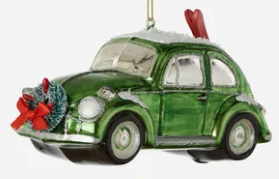 Bug and Bus with Skis Glass Ornament
