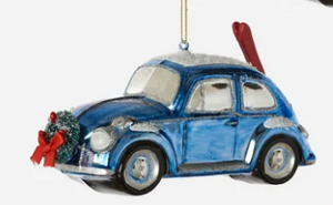 Bug and Bus with Skis Glass Ornament