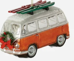 Bug and Bus with Skis Glass Ornament