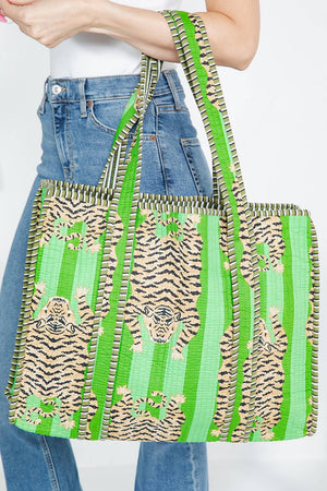 Tigers & Lime Green - Handmade Reversible Quilted Cotton Tote Bag