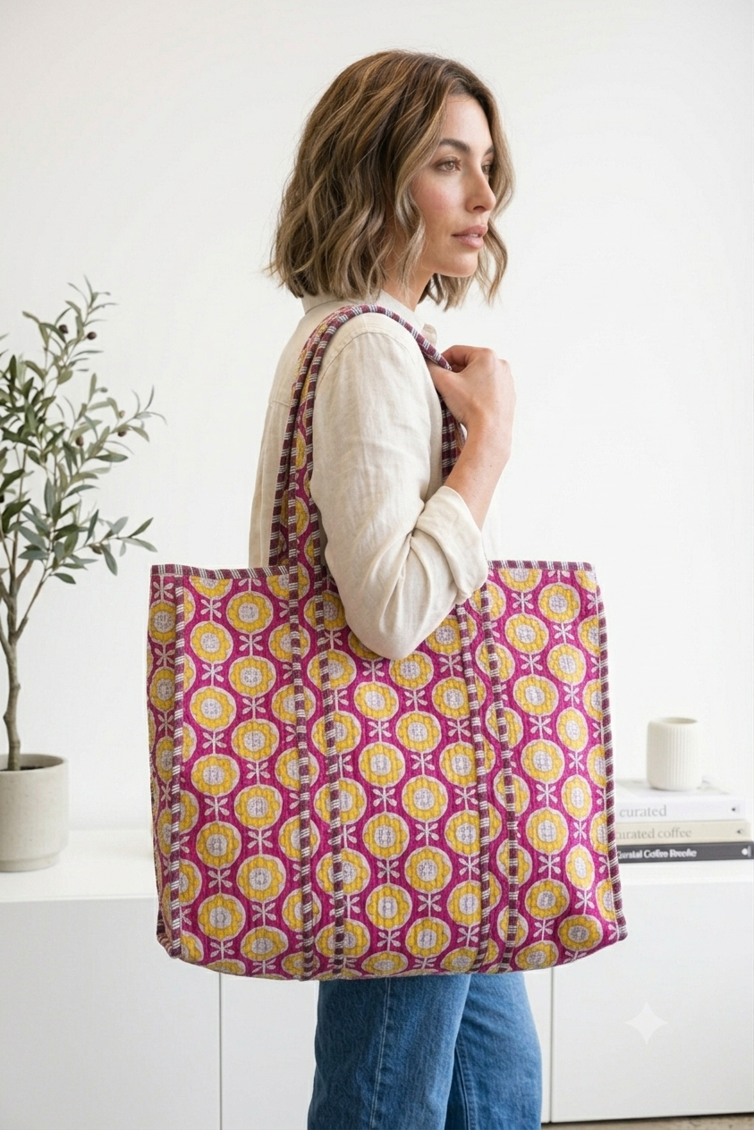 Yellow Mums & Pink Trellis - Quilted Cotton Tote Bag