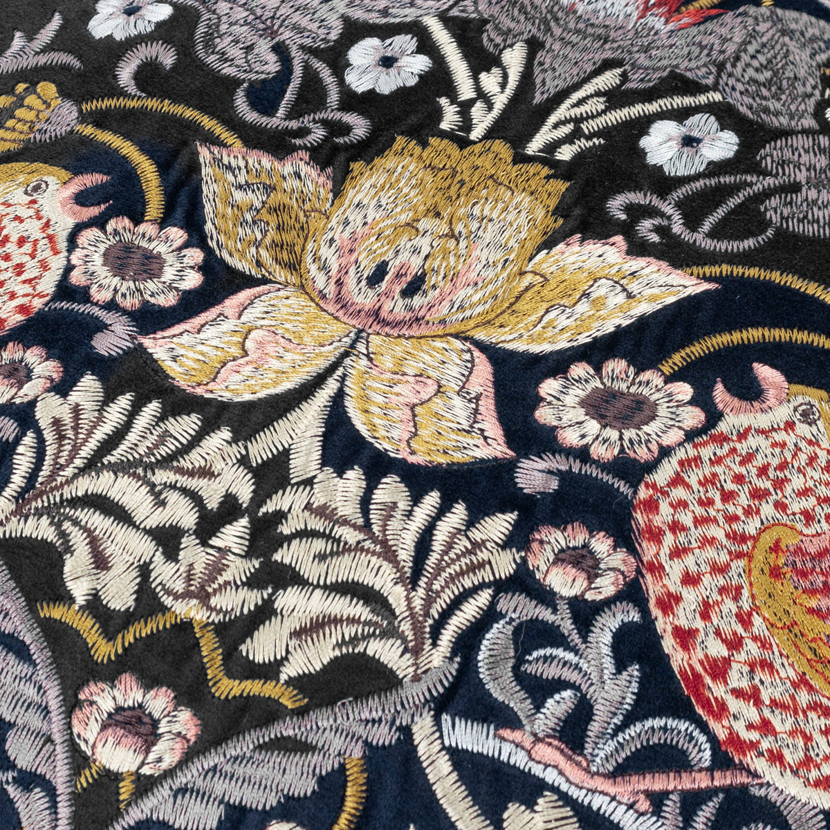 Strawberry Thief Embroidered Velvet Cushion Indigo