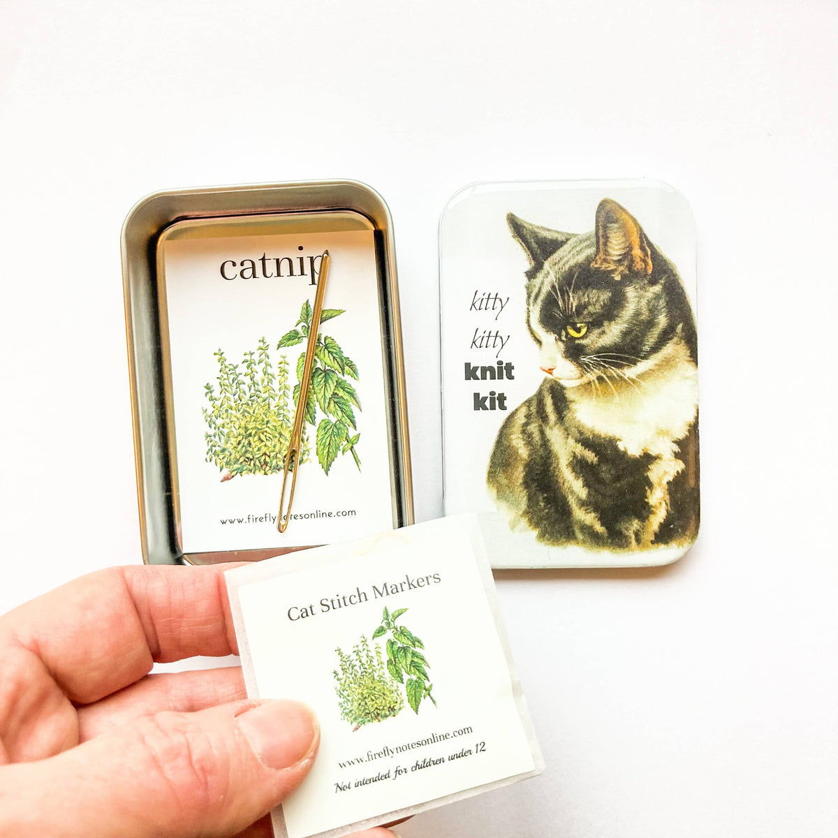 Cat stitch marker tin, cat knit kit