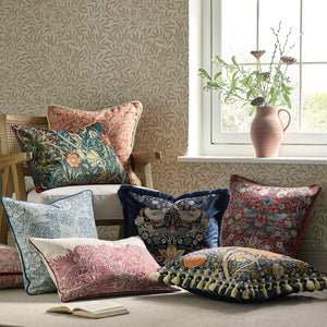 Strawberry Thief Embroidered Velvet Cushion Indigo
