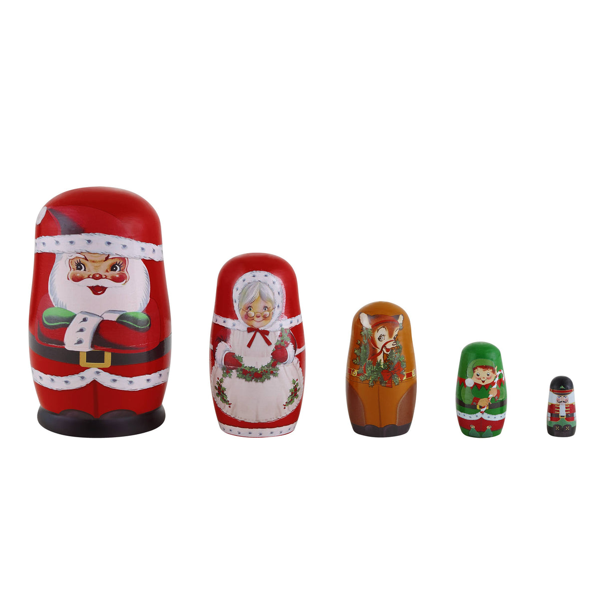 Set Of 5 Nesting Wood Figures - Santa And North Pole Pals