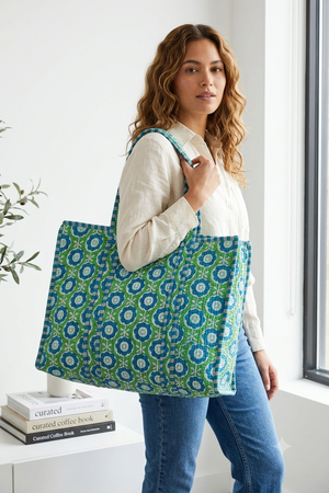 Blue Mums & Green Trellis - Quilted Cotton Tote Bag