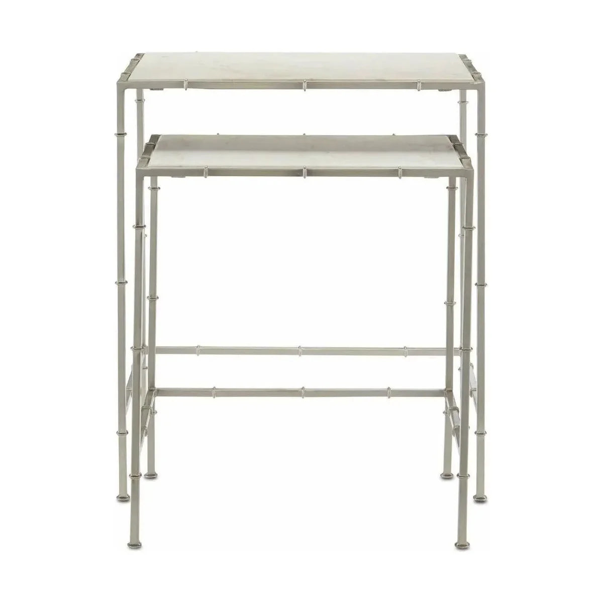 Nested Silver Metal and Marble Pedestal Stands Set of 2