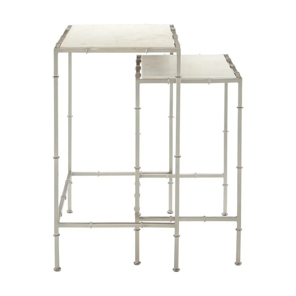 Nested Silver Metal and Marble Pedestal Stands Set of 2