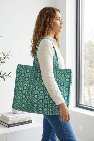 Blue Mums & Green Trellis - Quilted Cotton Tote Bag