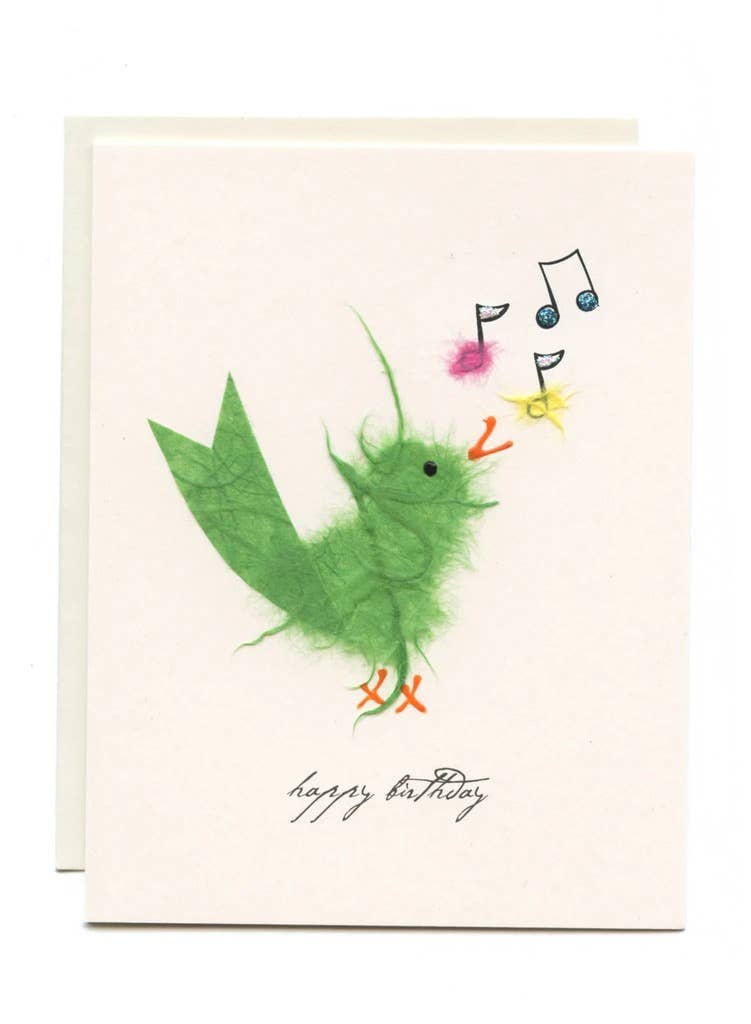 "Happy Birthday" Green Bird w/ Music Notes