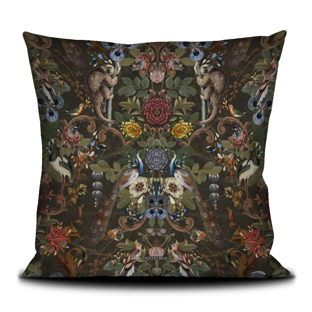 Decorative velvet throw pillows with jungle theme.