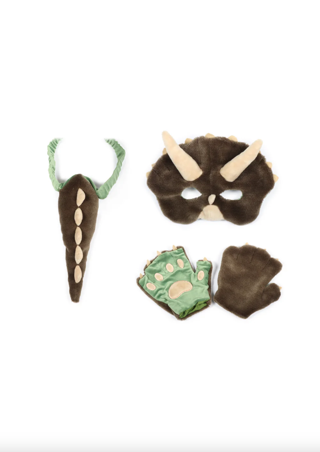 Kid's Dino dress-up set with mask, gloves, and tail.