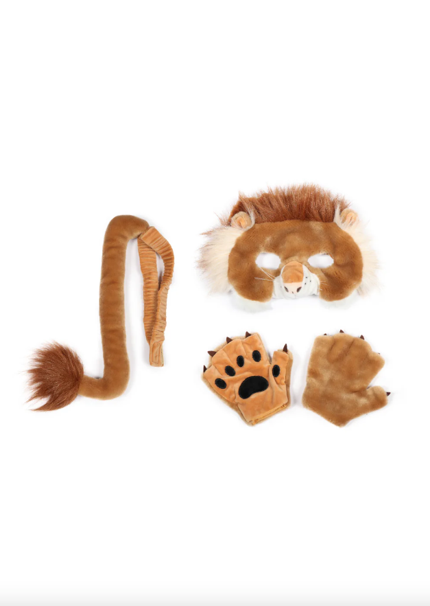 Kid's lion dress-up set, with mask, gloves, and tail.