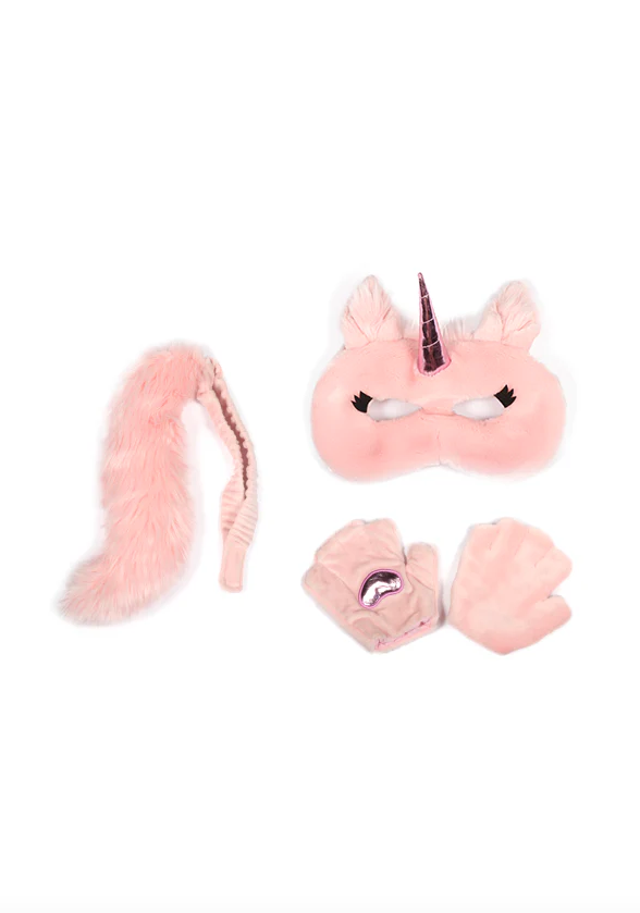Kid's pink unicorn dress-up set, with mask, gloves, and tail.