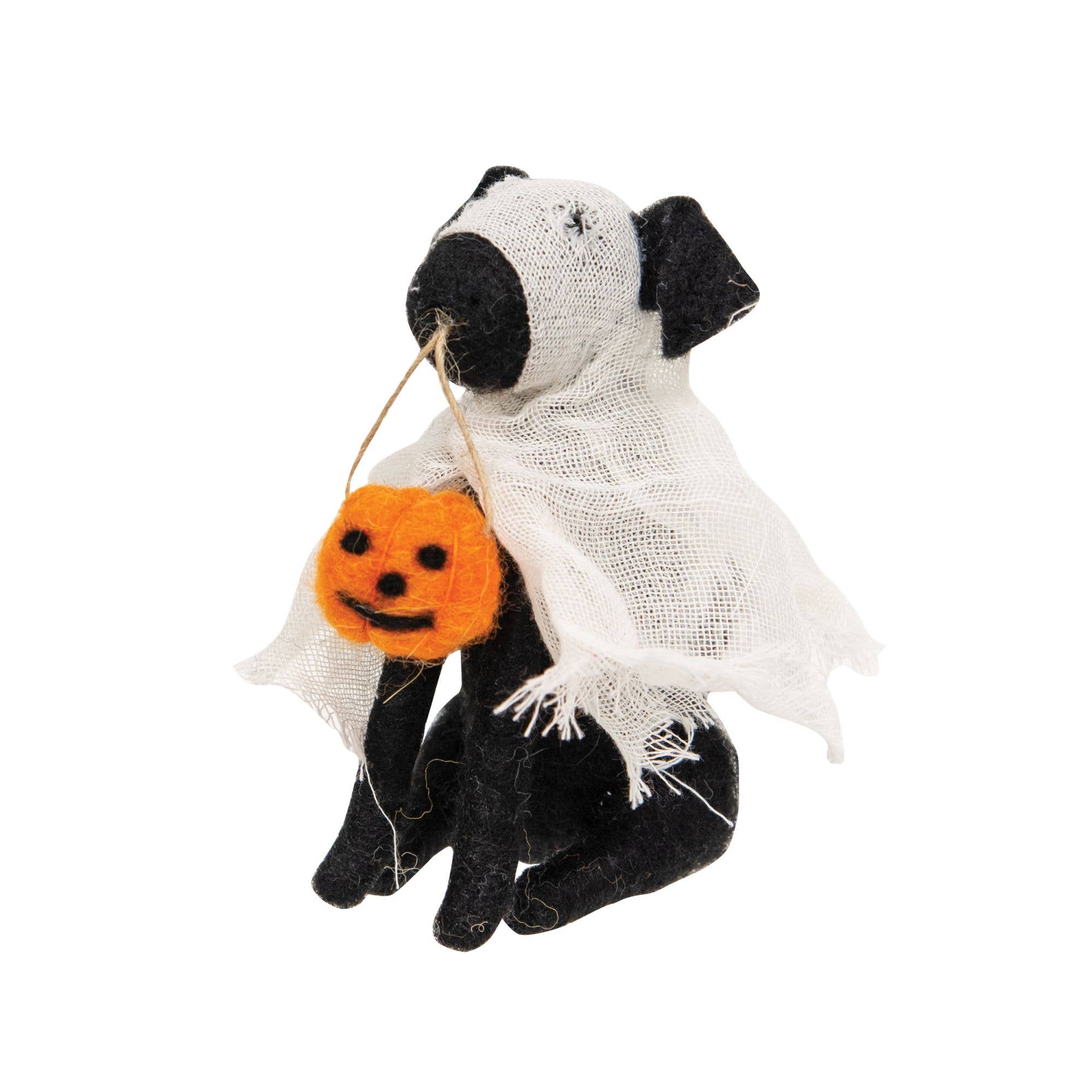 Felt ghost dog ornament, holding pumpkin.