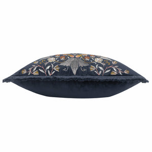 Strawberry Thief Embroidered Velvet Cushion Indigo