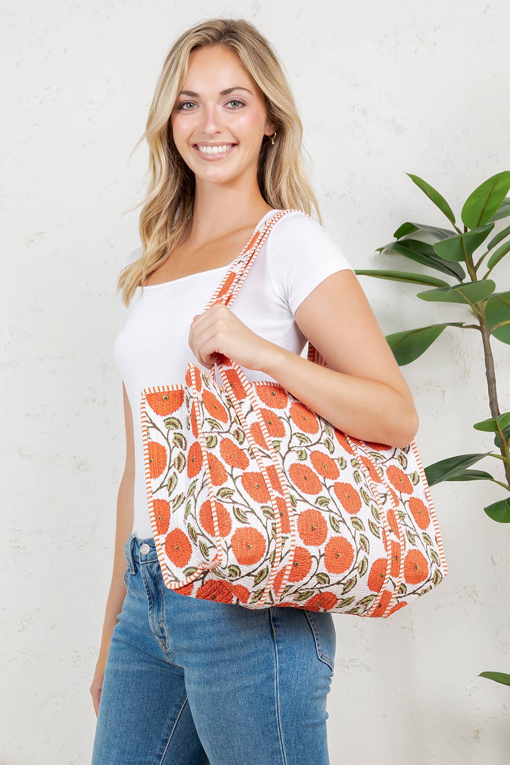 Chrysanthemum Coral Quilted Tote Bag