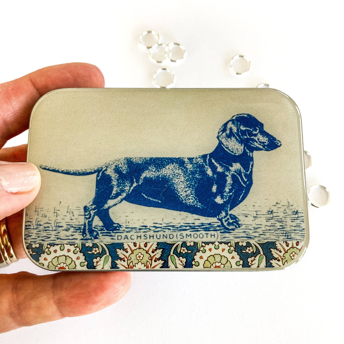Dachshund notions tin, stitch marker tin