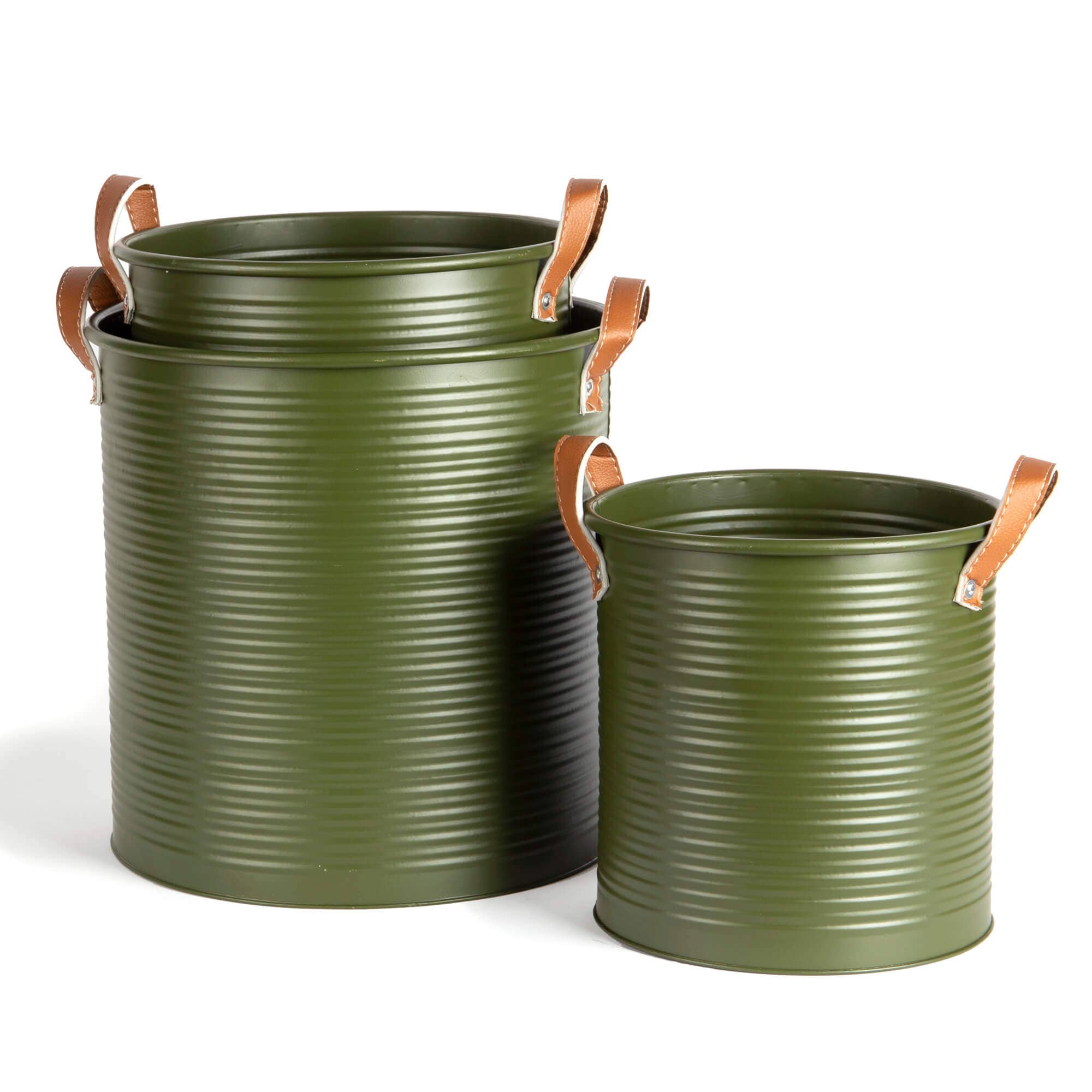 round metal dark green tubs with brown ear handles