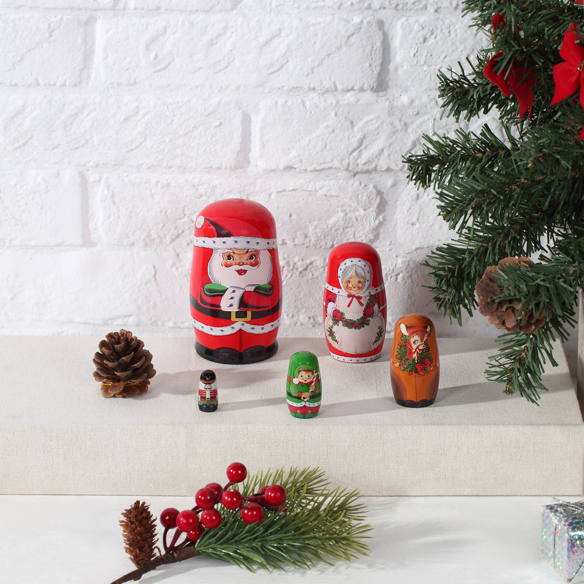 Set Of 5 Nesting Wood Figures - Santa And North Pole Pals