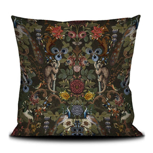 Decorative velvet throw pillows with jungle theme.