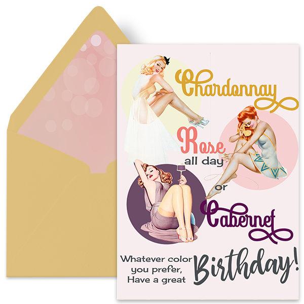 Wine Lover Pinup Girls Red White Rose Birthday Greeting Card