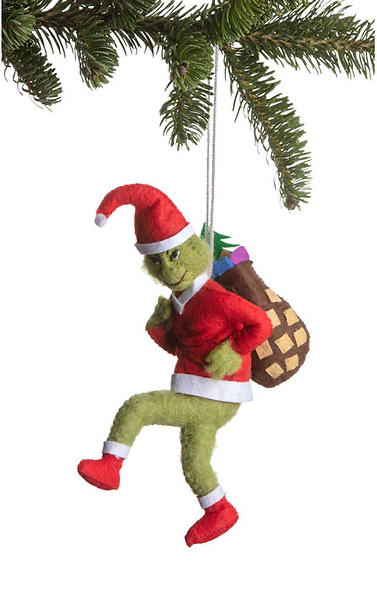 felt grinch in Santa suit ornament