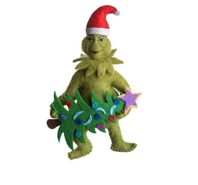 felt grinch holding Christmas tree ornament 