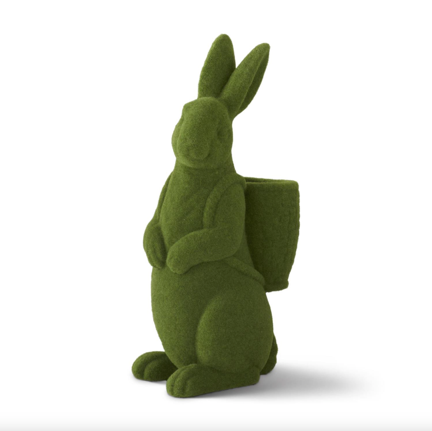 Green Flocked Mossy Rabbit with Backpack Basket