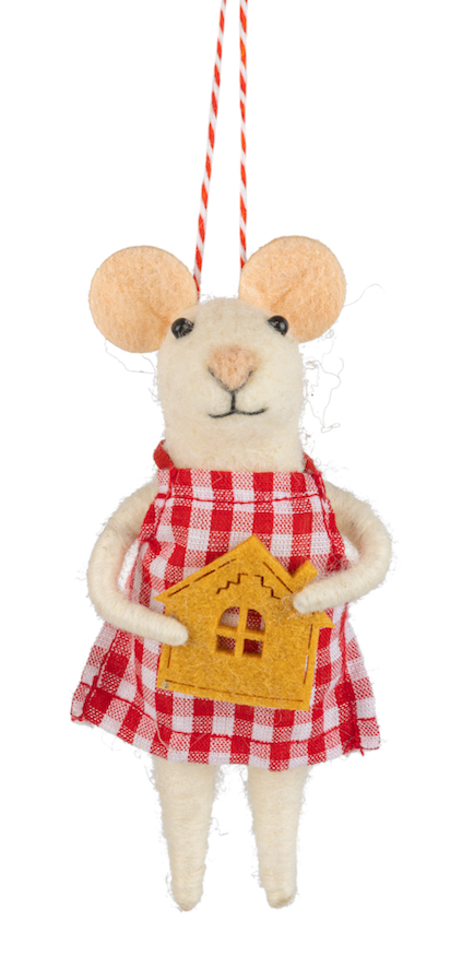 Felt mouse in red gingham dress holding gingerbread house.