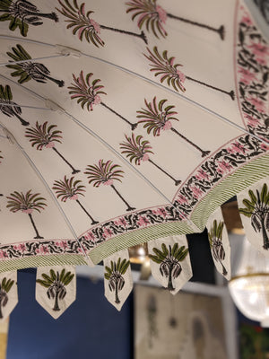 Hand block palm printed fabric parasol in pink.