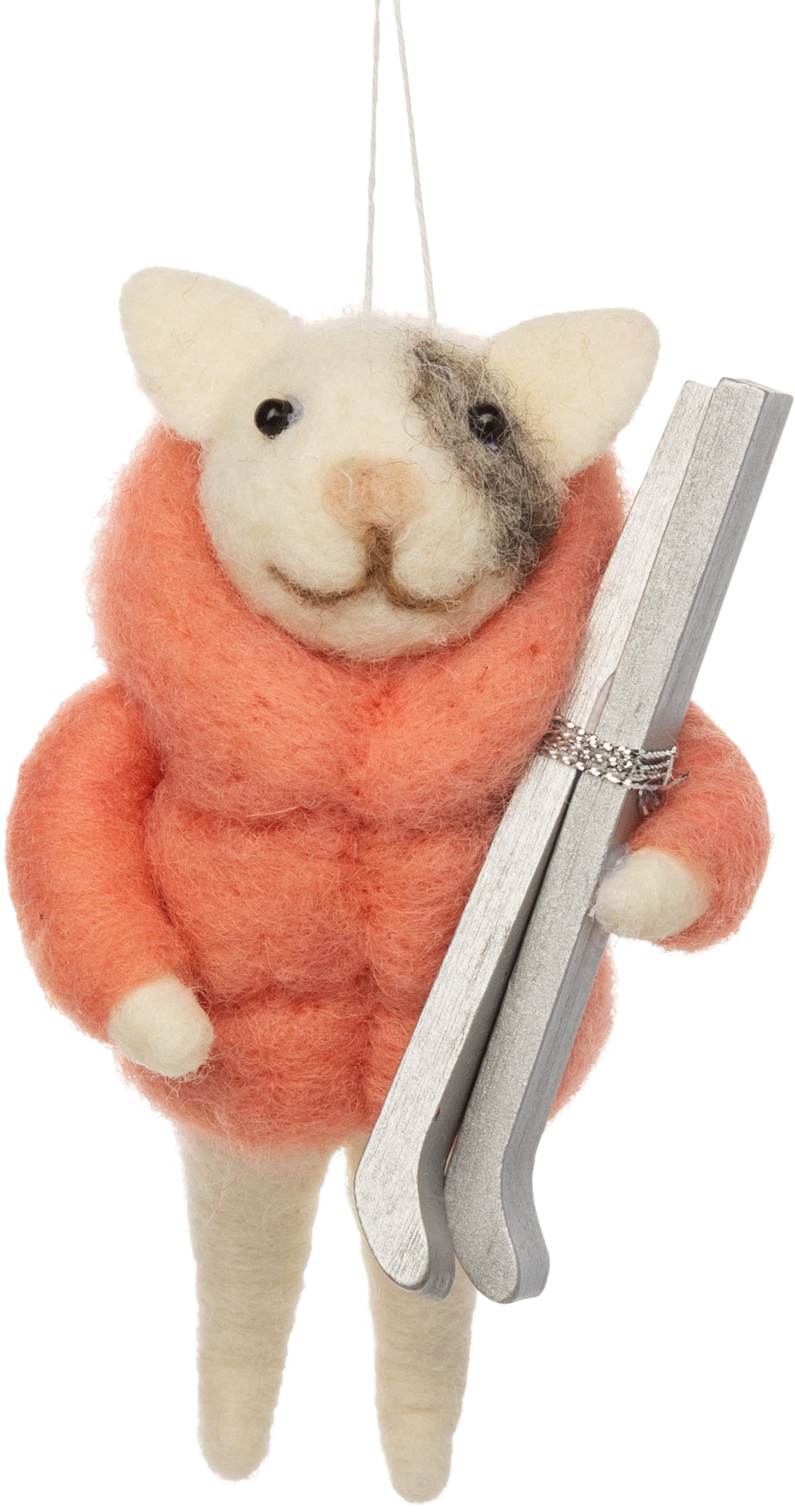 Felt kitty ornament in pink puffy jacket with skis.