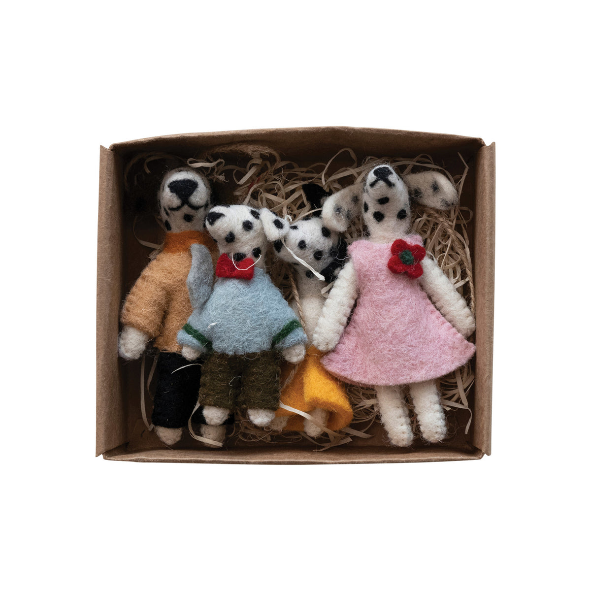 Box of 4 handmade wool felt Dalmatian dog ornaments.