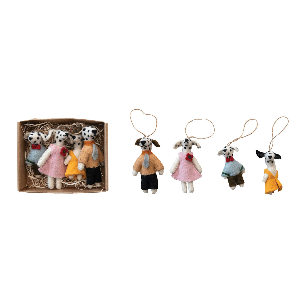 Box of 4 dog family felt wool ornaments.