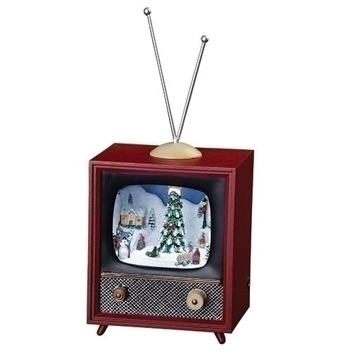 Musical TV with skaters and Christmas tree.