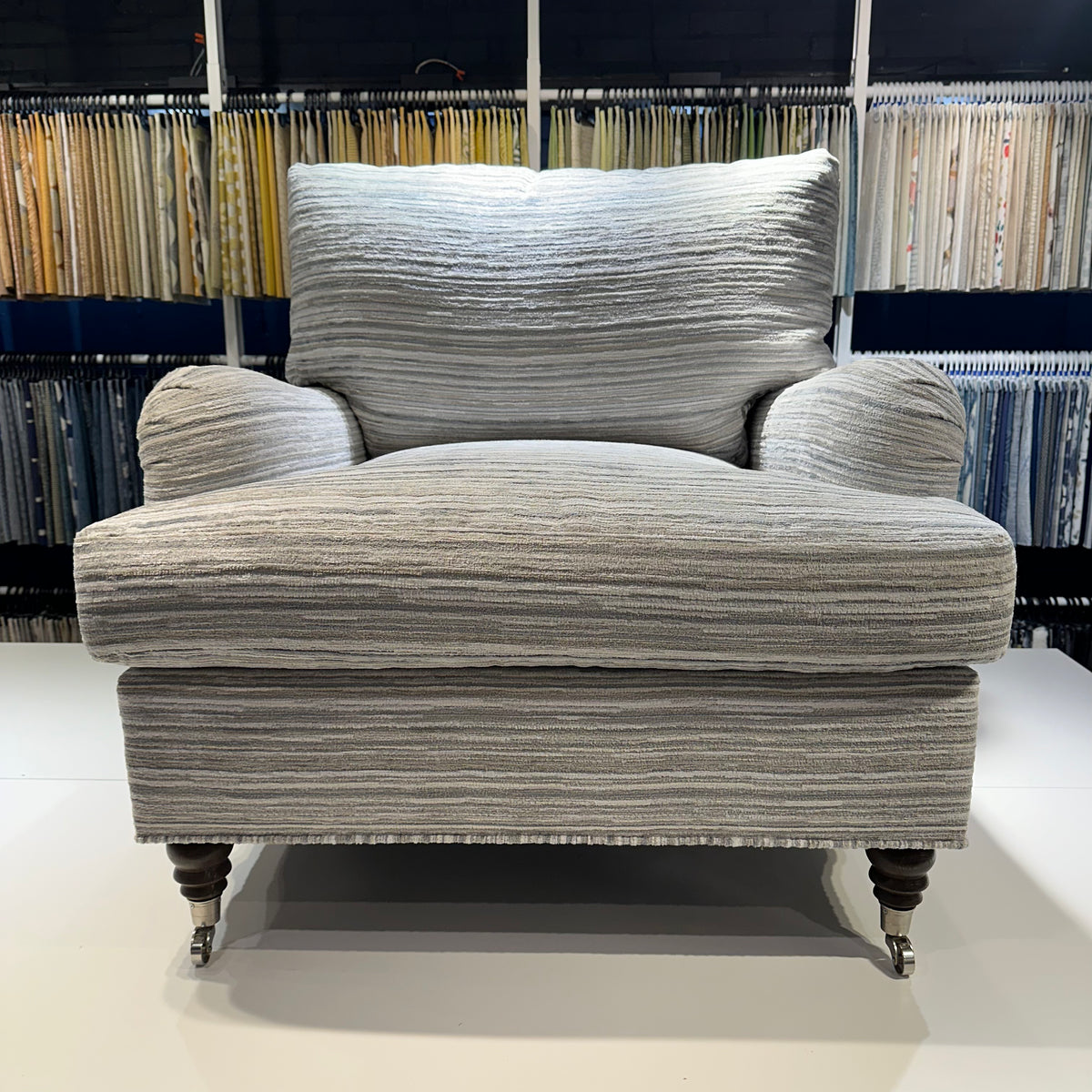 The Ingonish armchair in grey stripes.