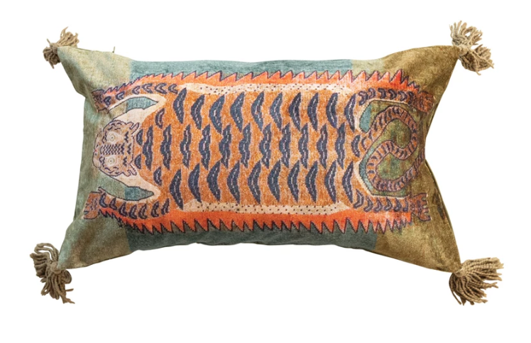 Tibetan Tiger Velvet Pillow w Tassels
