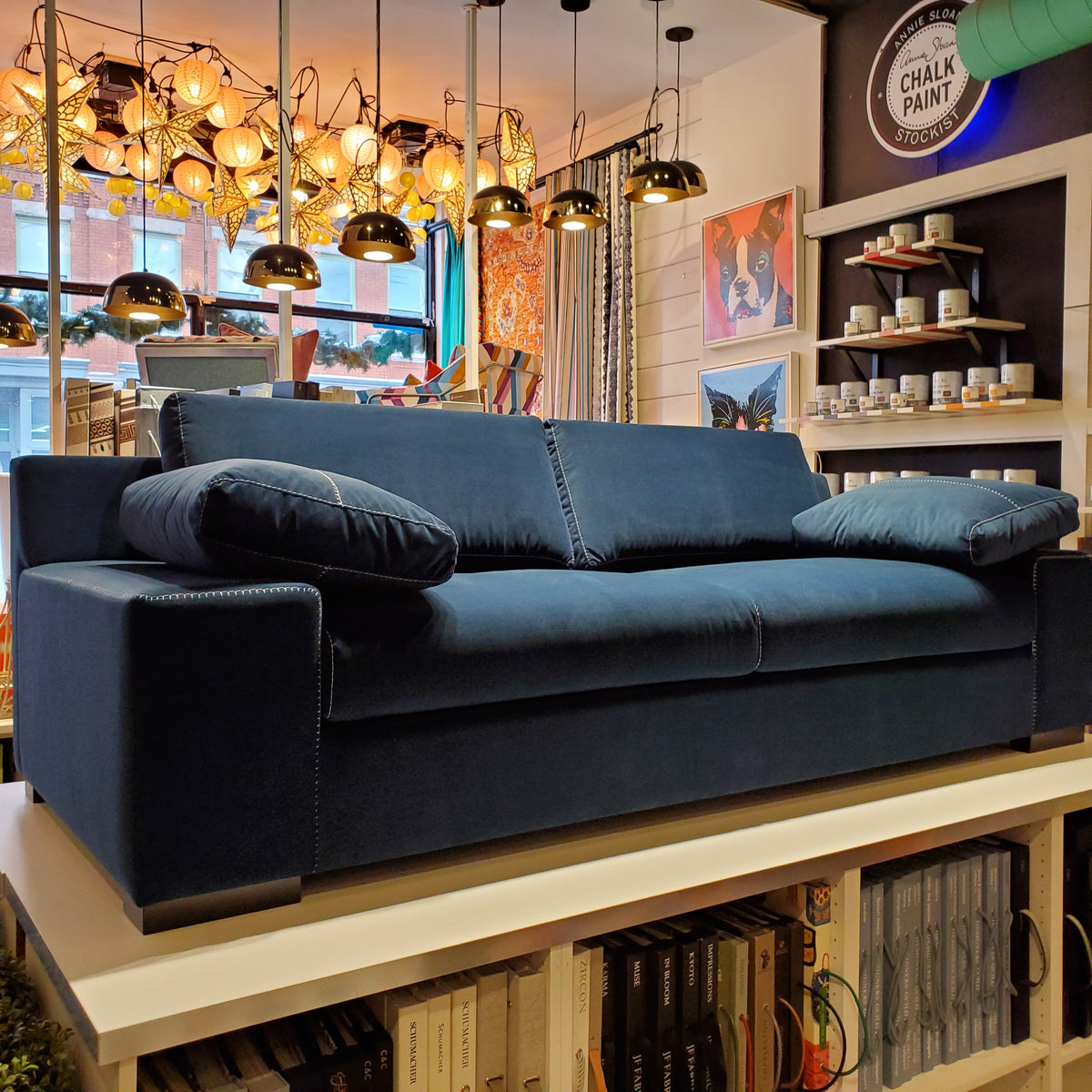 custom sofa in blue velvet