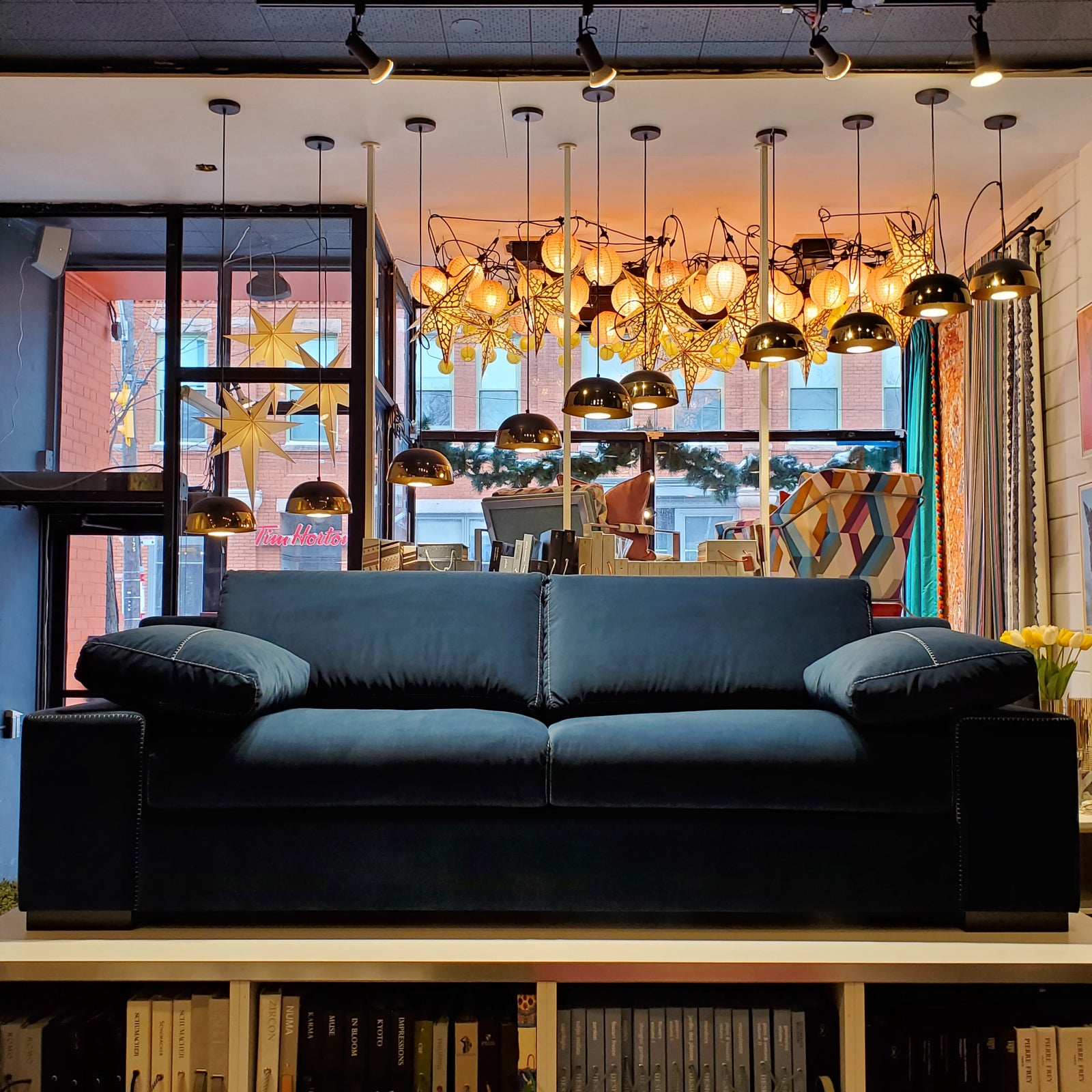 custom sofa in blue velvet