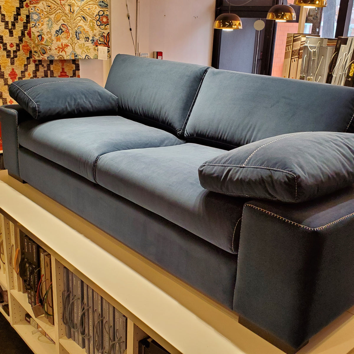 custom sofa in blue velvet