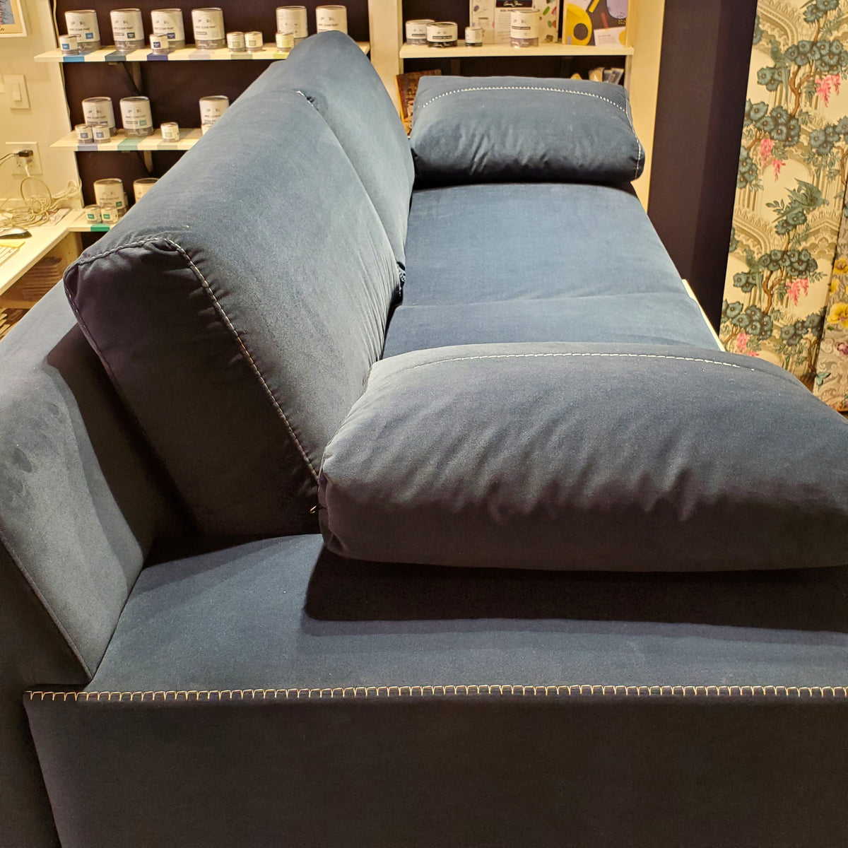 custom sofa in blue velvet