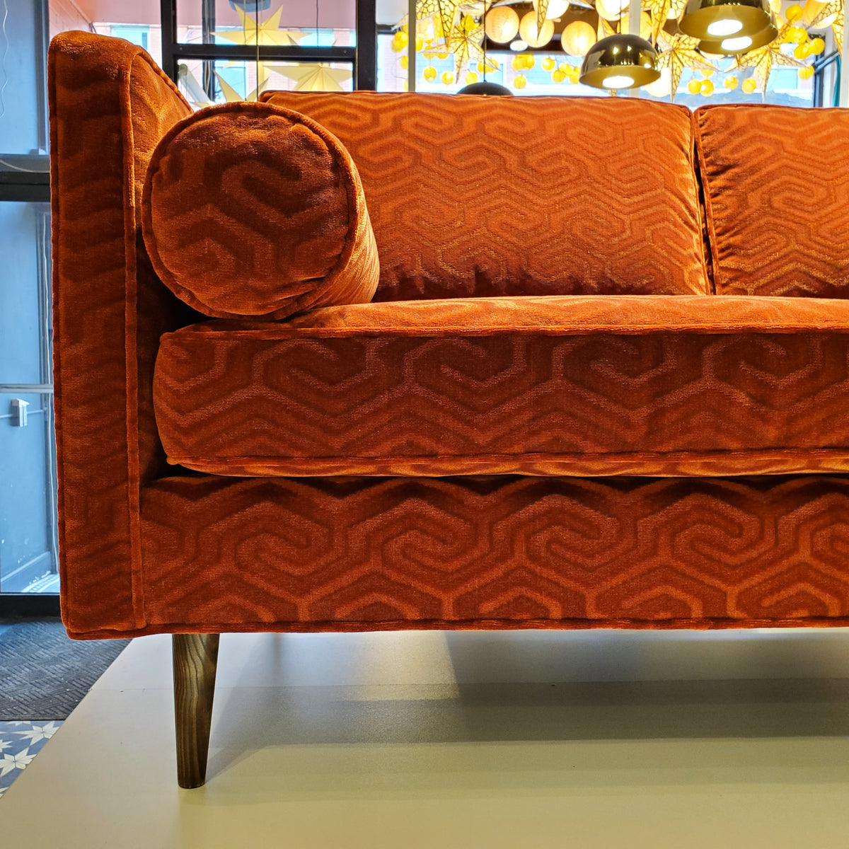 custom sofa in modern graphic velvet done in Bordeaux Red