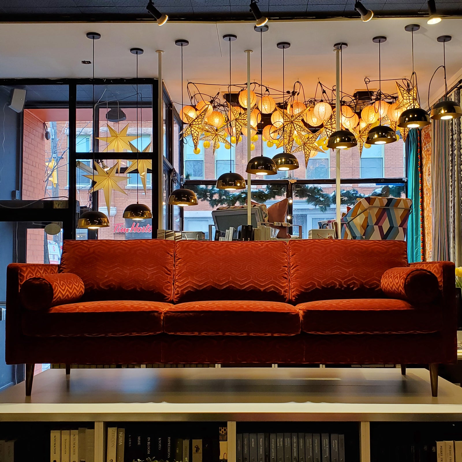 custom sofa in modern graphic velvet done in Bordeaux Red