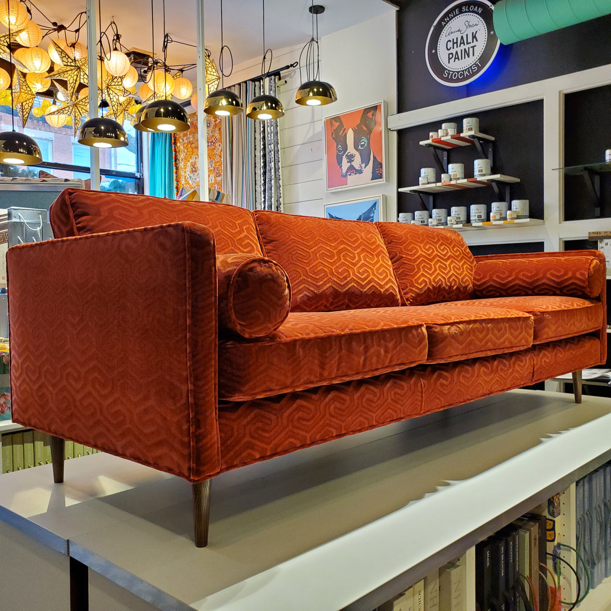 custom sofa in modern graphic velvet done in Bordeaux Red