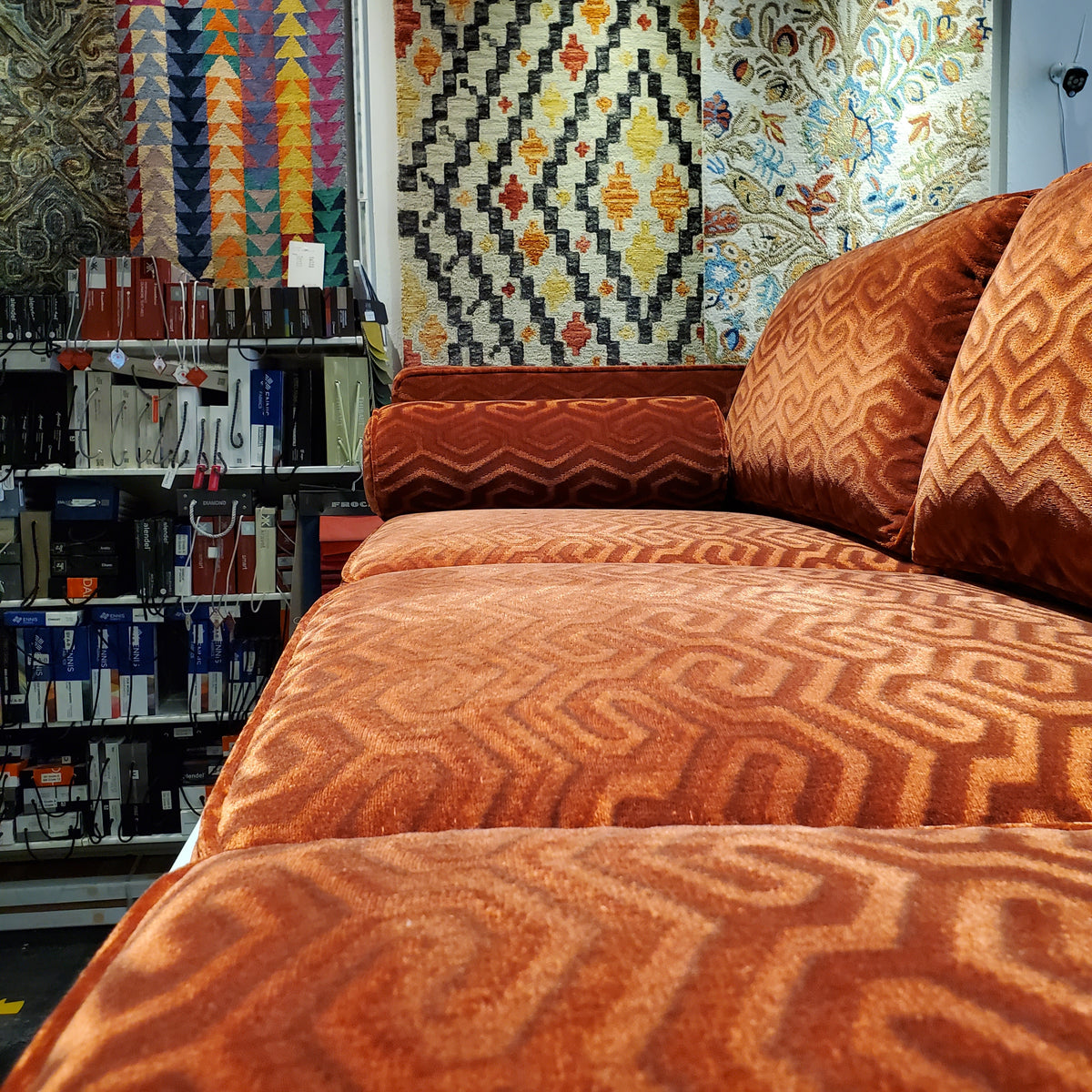 custom sofa in modern graphic velvet done in Bordeaux Red